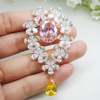 

New Zircon Citrine Crystal Elegant Flower Flower Teardrop Woman Pink Pendant Brooch Pin High Quality Gifts