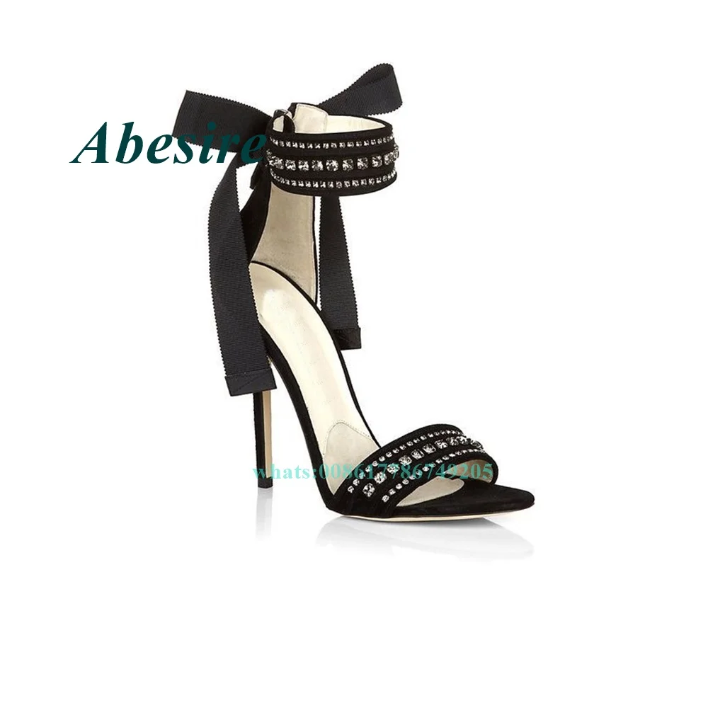 

Peep Toe Crystal Black Sandals Stiletto Back Zip Butterfly Knot High Heels for Plus Size Women Shoes Sexy Elegant Designer Shoes