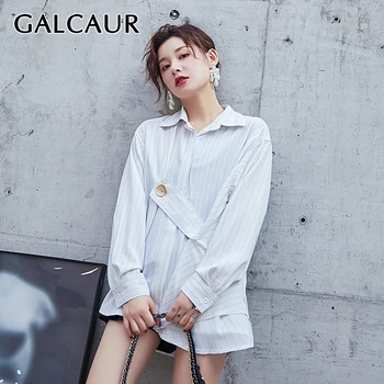 

GALCAUR Chic Style Asymmetrical Striped Shirt For Women Lapel Collar Long Sleeve Large Size Loose Blouse Female 2020 Autumn New