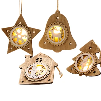 

4Pcs LED Light Christmas Tree Hanging Pendant Star Heart Wooden Ornament Decoration New Year Ornaments Shine Romantic