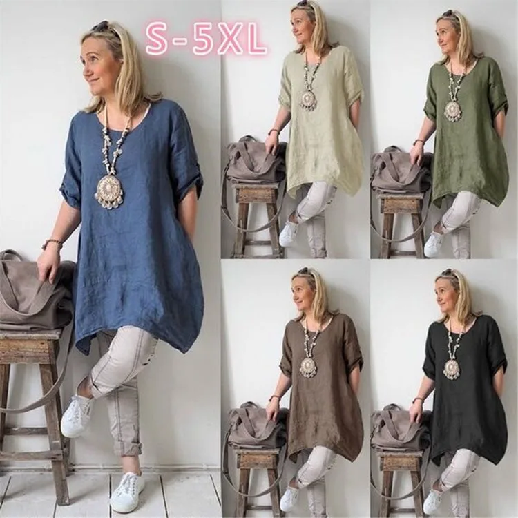 

Hot Selling Cotton Linen Crew Neck Irregular Hem Dress