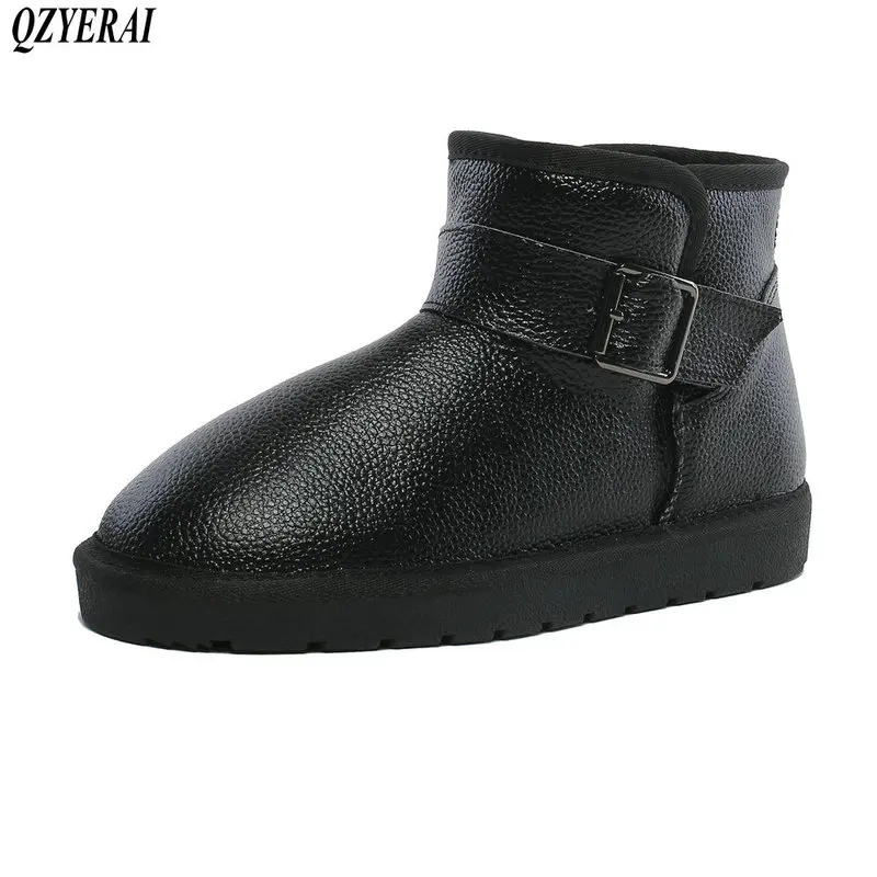 

Genuine Cow Leather Snow Boots Women Winter Woman Flat With Shoes Fashion Ladies Black Brown Gray Beige Buckle Ankle Boots