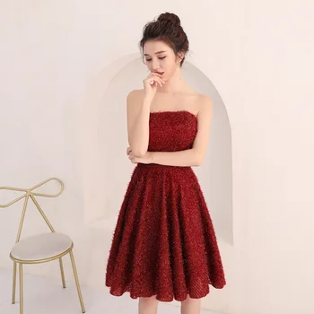 

Sexy Prom Dresses 2020 Burgundy A Line Strapless Women Party Dress Knee-Length Sleeveless Formal Gowns Zipper Back Vestido K248