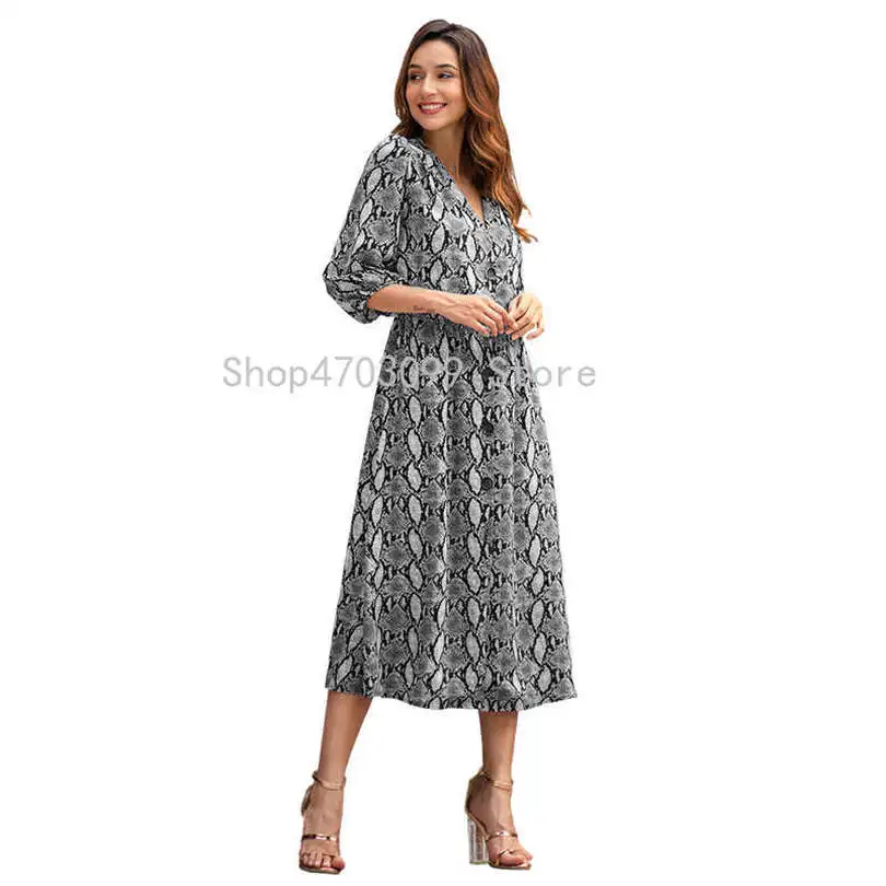 

Women's Fashion Autumn V Neck Snake Skin Print Midi Dress Ladies Button Decoration Retro Casual Chic Dresses