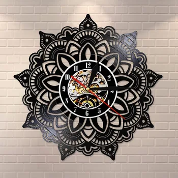 

Mandala Flower Silent Vinyl Record Wall Clock Indian Bedroom Wall Art Decorative Wall Watch Mandala Seeds Satori Yoga Souvenir