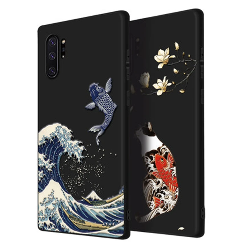 2020 отличный Чехол для телефона с тиснением Samsung Note 10 чехол Kanagawa волны Карп журавль