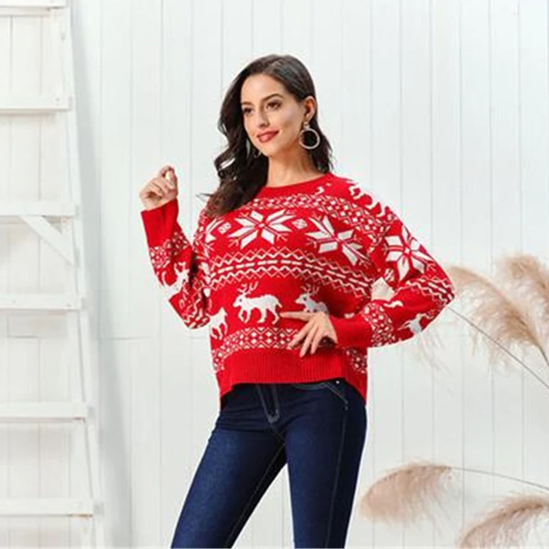 Женский свитер Красный пуловер со снежинками и оленем круглый вырез длинный