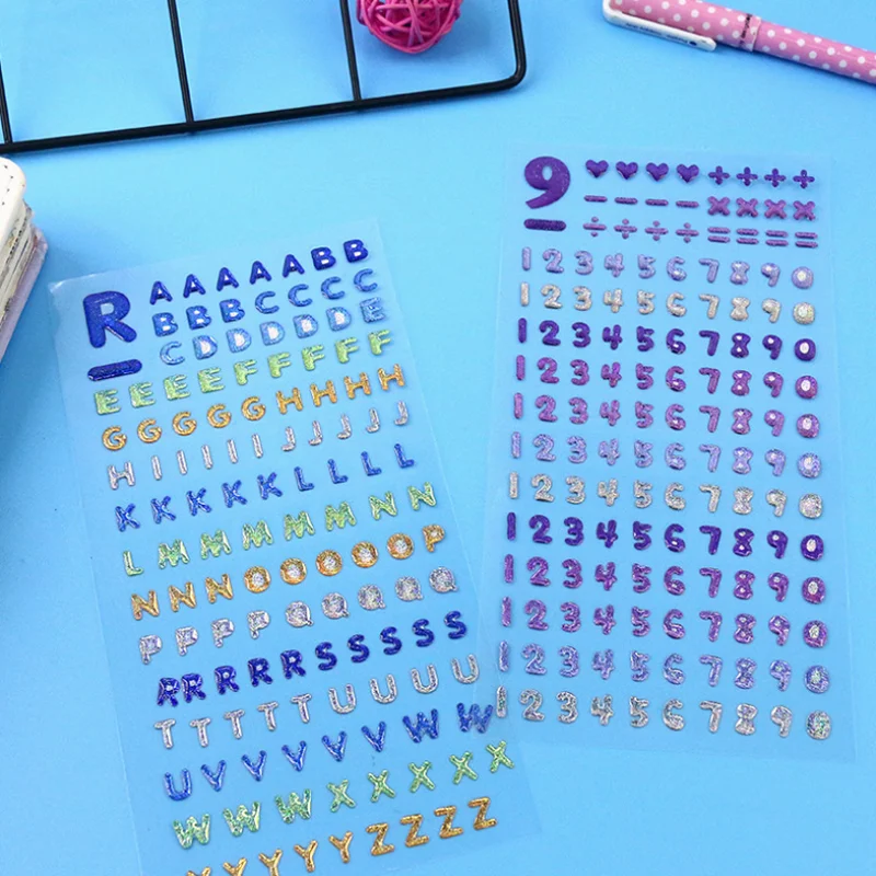 

2 Sheets Crystal Epoxy Number English Sticker Cartoon Decorative Stationery DIY Scrapbooking Stick Label Bullet Journal Supplies
