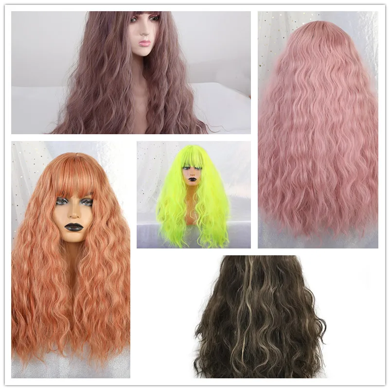 Comprar Pelucas de pelo Natural de cuerpo largo sintético de LANA pequeña con flequillo para mujeres negras Ombre pelucas onduladas rubias marrones afro americanas