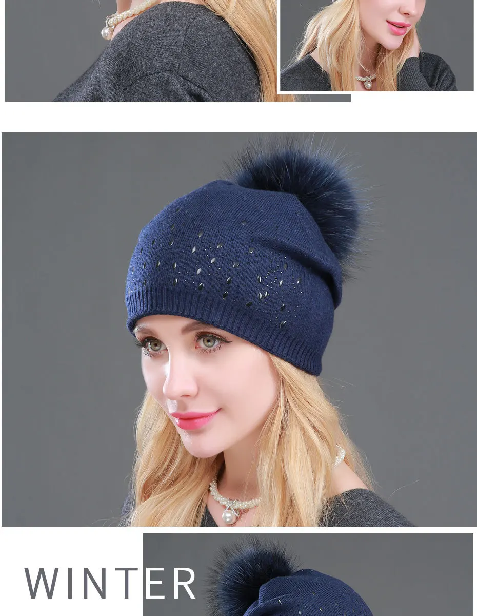 Горячая бурение оплетка волосы мяч вязаная шапка Взрывные модели Осень и зима женские шапки настоящий шарик волос теплая меховая шапка
