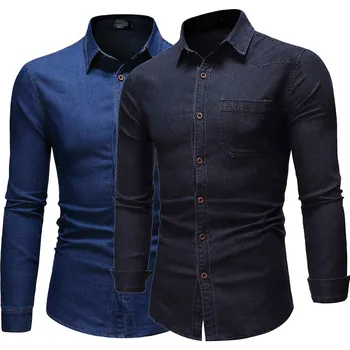 

Autumn Men Shirt Casual Slim Fit Blouse Plaid Print Panel Button Turn Down Collar Men Denim Dress Shirt Top Camisas Hombre