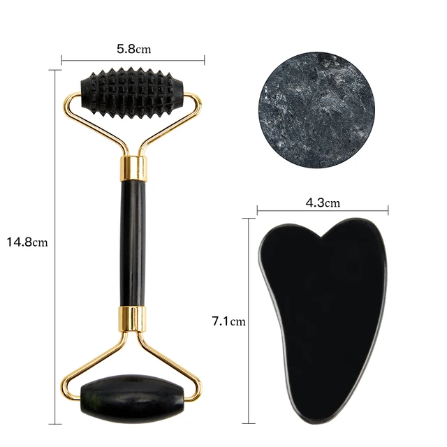 New Jade Roller Massager Gouache Scraper for Face Facial Skin Care Tools Natural Body Back Beauty Lifting Massagers Rollers Set B-Black-Set2