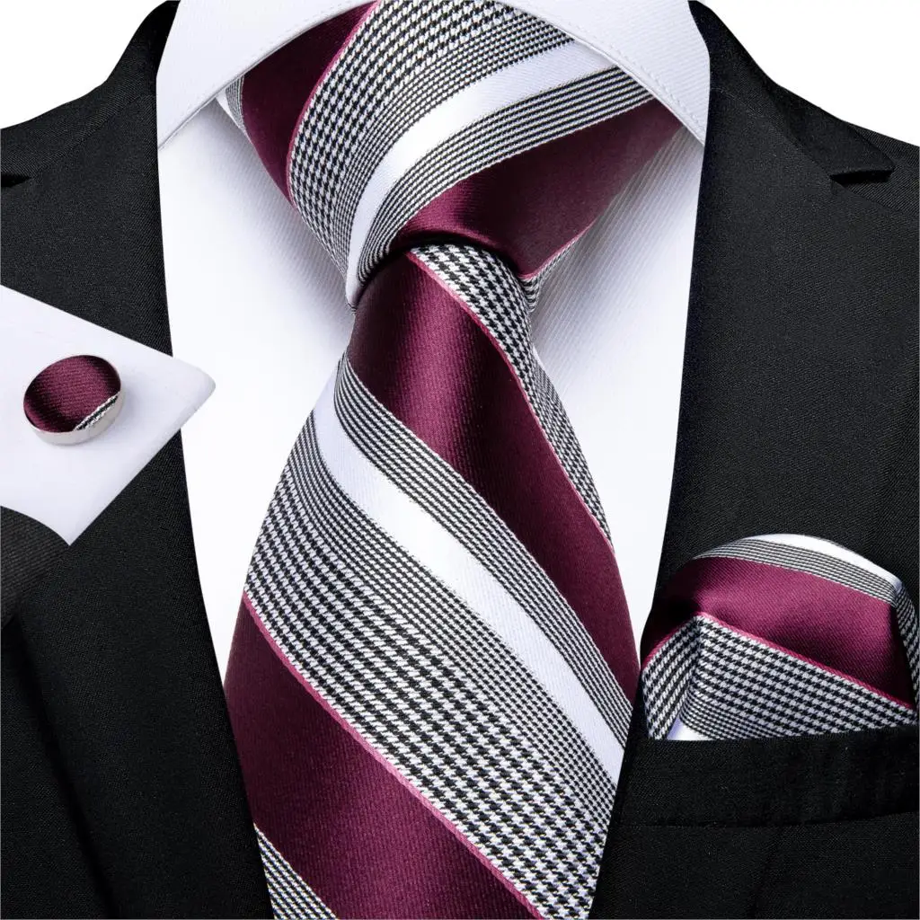 Модный Полосатый галстук для мужчин, Шелковый Свадебный галстук красного, винно-белого цвета, запонки, подарочный набор галстуков, дизайн, бизнес MJ-7337