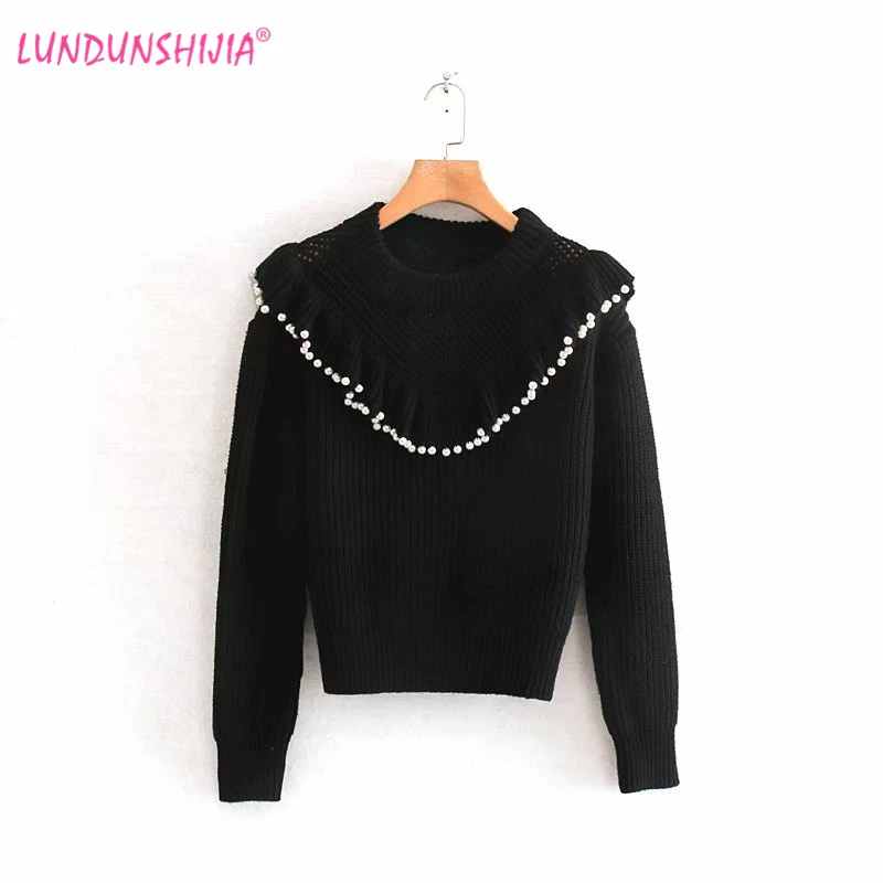 LUNDUNSHIJIA Women Black Short Knitting Pullovers Top 2019 Autumn Fashion Pearl Decoration Lotus O-Neck Loose Female Sweater | Женская
