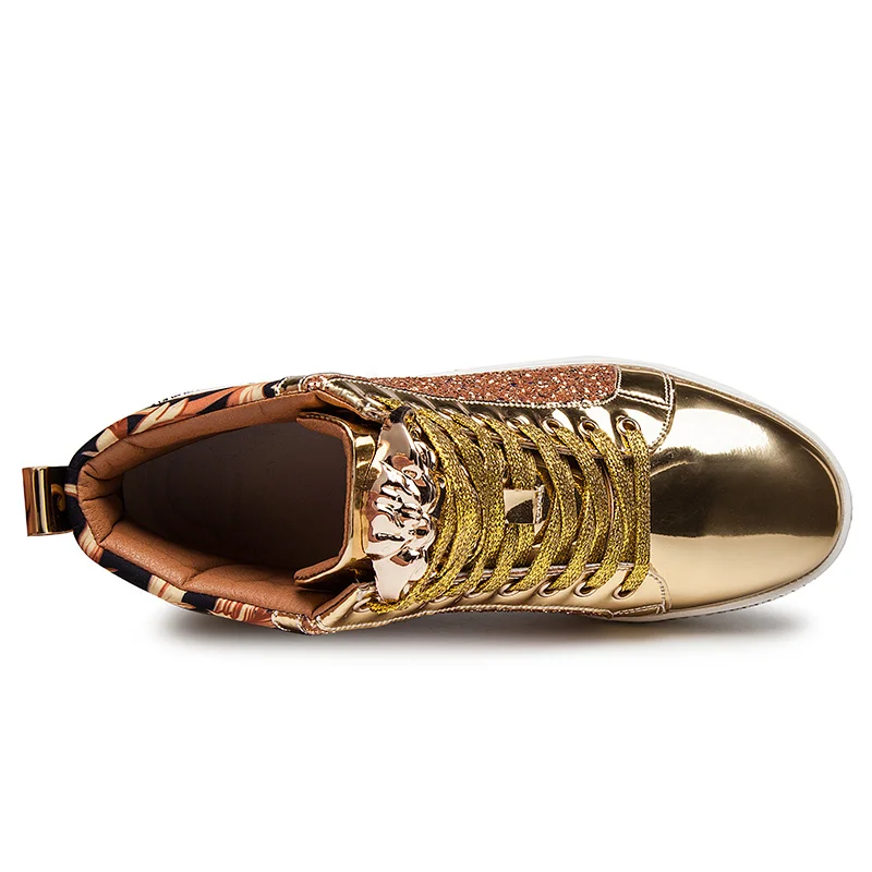 X/брендовые модные блестящие золотистые мужские кроссовки с высоким берцем; зеркальная обувь в барах; Клубная металлическая Уличная обувь в стиле хип-хоп; мужская повседневная обувь на заказ