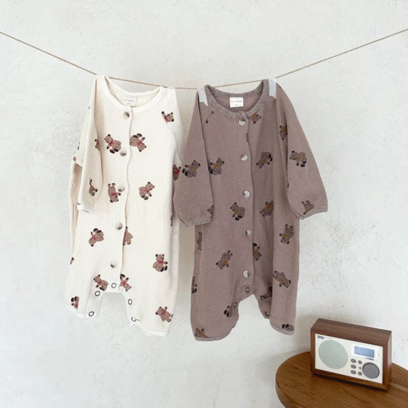 Newborn Knitting Romper Hooded  Fashion Bear Print Cotton Baby Romper Waffle Comfortable Newborn Clothes Boy Long Sleeve Cartoon Jumpsuit Girl Outfits 0-24M coloured baby bodysuits