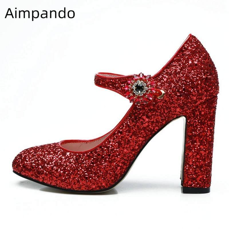 

Sexy Red Bling Sequined Cloth High Heel Shoes Woman Chunky Heel Round Toe Crystal Buckle Sequins Banquet Shoes Pumps Women