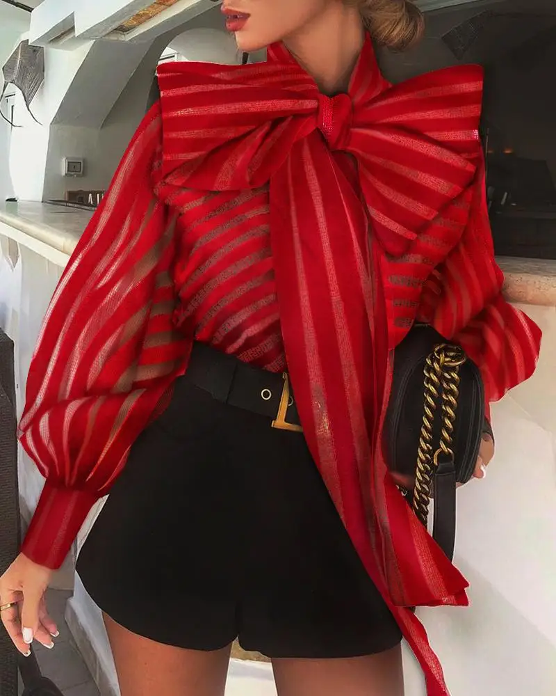 Сетчатая полосатая женская прозрачная блузка с рукавом-фонариком, Длинная блузка с галстуком-бабочкой, модная уличная женская блузка - Цвет: Красный