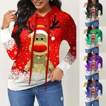Christmas Hooded Sweatershirts For New Year 2021 Women Elk Print Casual Loose Pullover Tops Fashion Lady Winter Clothes