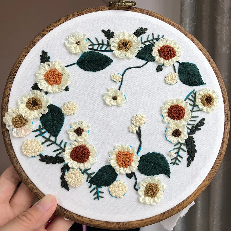 DIY Embroidery Starter Kit with Plant Flower Pattern Plastic Embroidery Hoop Color Threads Cross Stitch Kit