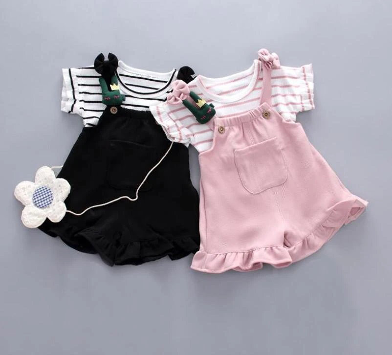 1 set kids girls Summer outfits 9m 12m 2T 3T 4T Toddler kids baby girls outfits cotton Tee+rompers outfits overall sets cute new baby clothing set	