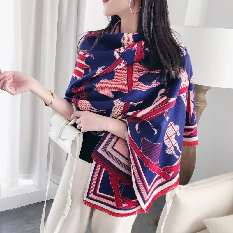 

2020 Winter Scarf Women Cashmere Pashmina Bufanda Shawl Lady Wraps Design Brand Print Horse Thick Warm Blanket for Female