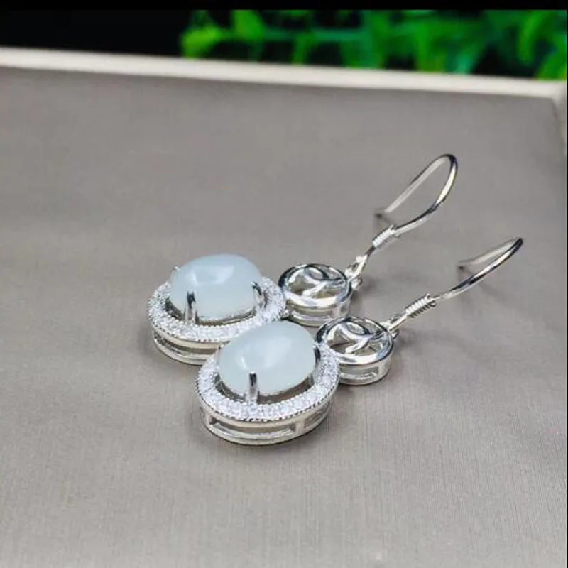 Unique 925 Sterling Silver Natural Hetian White Jade Drop Earrings Lucky Hook Fine Jewelry For Women Brincoss