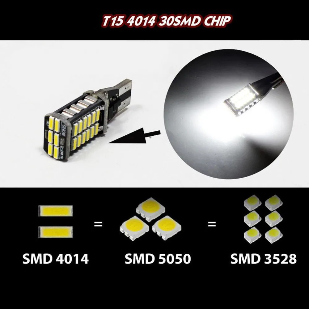

kongyide 2X T15 W16W LED 4014 30SMD LED 7W Car Turn Singal Brake Stop Light Bulb Free Auto Interior Doom Lamp Car Styling Light