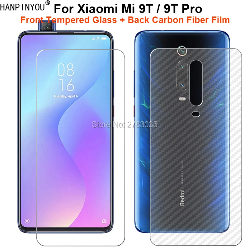 

For Xiaomi Mi 9T / 9T Pro 6.39" 1 Set = Soft Back Carbon Fiber Film +Ultra Thin Clear Tempered Glass Front Screen Protector