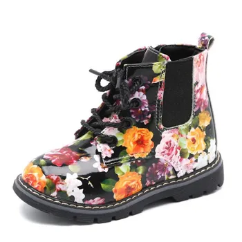 

Girls Boots Autumn Winter PU Leather Waterproof Kid Boots Shoes Zip Rome Flower Little Girl Martin Boots Fashion Baby Boots