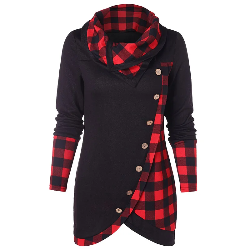 Женские свитшоты шарф воротник тартан ассиметричная толстовка пэчворк Ретро
