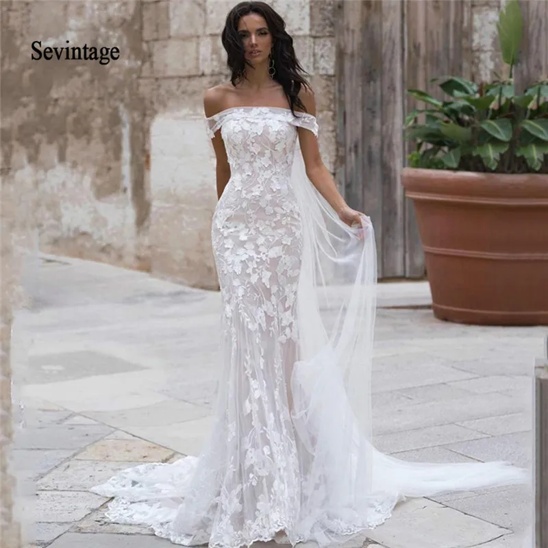 Sevintage A Line Wedding Dresses Lace Appliqued Sequins Tulle Bride ...