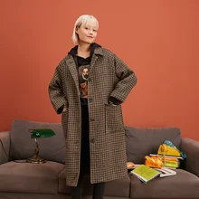 SAM'S TREE клетчатое однобортное Женское шерстяное пальто с графикой Brit зимнее прямое повседневное женское пальто с рукавом реглан