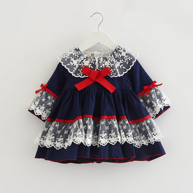Синий Newborn Toddler Christmas Dress Autumn Winter Vestido Spain Style Infantile Baby Girls Lace Long Sleeve Party Dresses For 0-3 Y - Цвет: Синий