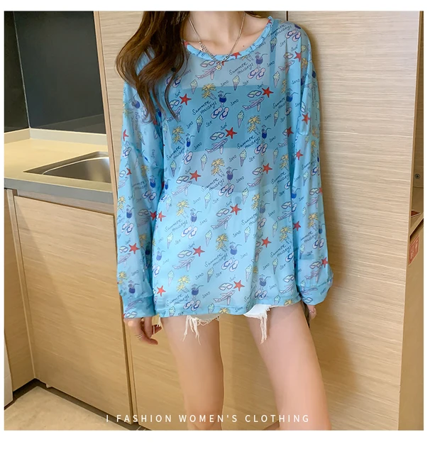 Disney 2021 Summer Famous Anime Mickey Mouse Brand Mesh Shirt Women Sun Protection Transparent Long Sleeve Blouse Ladies T-shirt 3753 skyblue