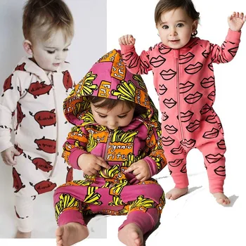 

French Fries Unisex Baby Jumpsuits Hooded Cotton Long Sleeve Small Pig Print Romper Infant Girl One Piece Autumn Newborn Clothes