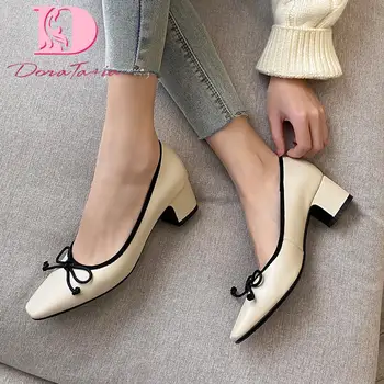 

Doratasia Hot New Design Genuine Cow Leather Shallow Pumps Woman Shoes Sweet Bowtie Sheepskin Slip-On Office Lady Pumps Women