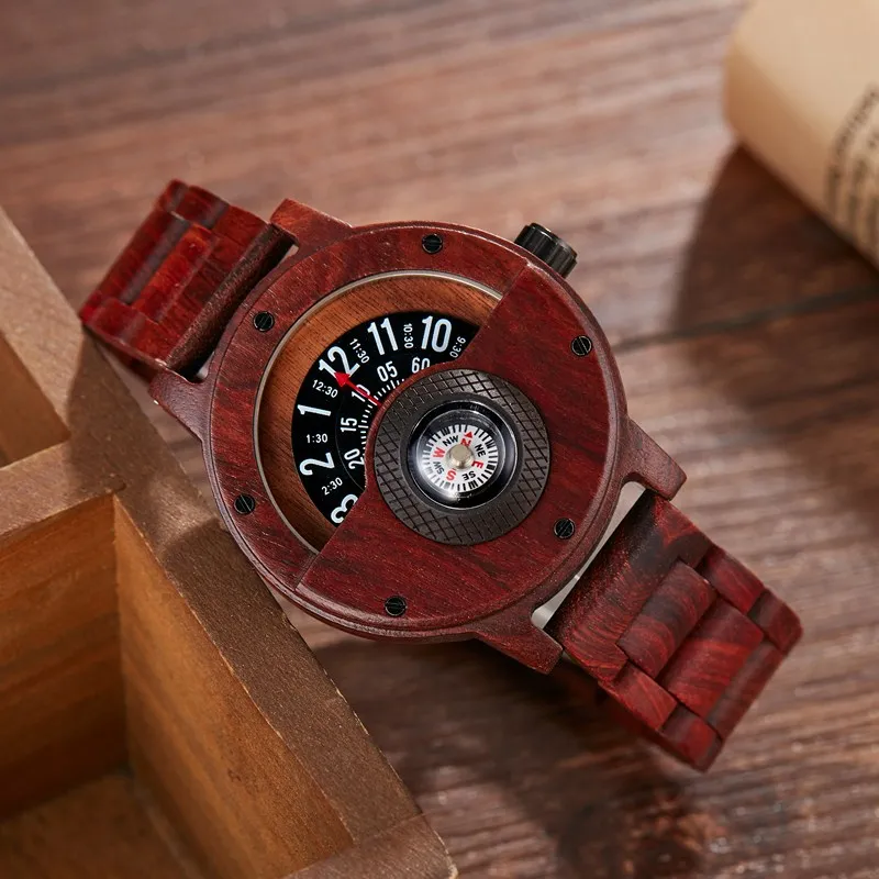 Multifunctional Wooden Wristwatch Men Quartz Wrist Watches Fashion Man Clock Black Walnut Red Rose Wood Band Dial Case Reloj