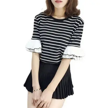 

Women Fashion Casual Sweet O-Neck Flare Sleeve Striped Loose Pullover Sleeve, Summer T-Shirt