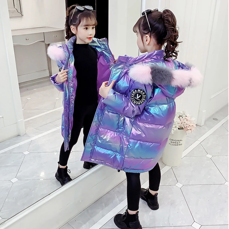 Winter Kids Girls Coat Shiny Jacket Thick Snow Down Mid-thigh Padded Warm  Hooded