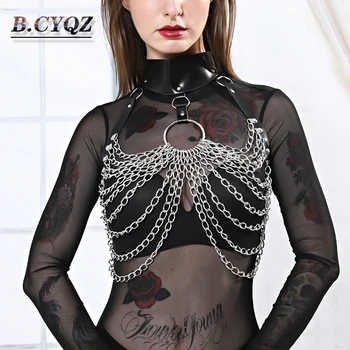 

Edgy Leather Harness Pastel Goth Crop Top Body Strap Chain Bra Breast Cage High Waist Choker Collar Adjustable Fetish Erotic Pub