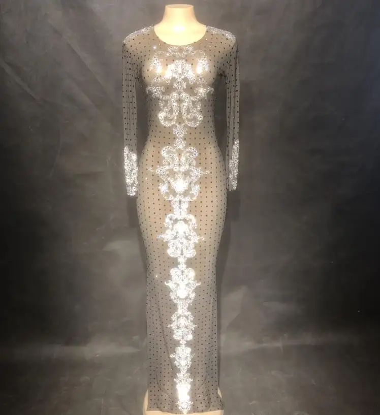 Dress Женская сексуальная черная сетка Перспектива камни длинное платье вечернее платье стразы платья день рождения, празднование костюм кристаллы платья - Цвет: Dress