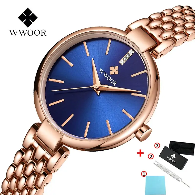 Rose Blue WWOOR женские высокие Роскошные Стразы браслет из нержавеющей стали часы для дам Кварцевые Подарочные наручные часы спортивные часы - Цвет: Rose Blue