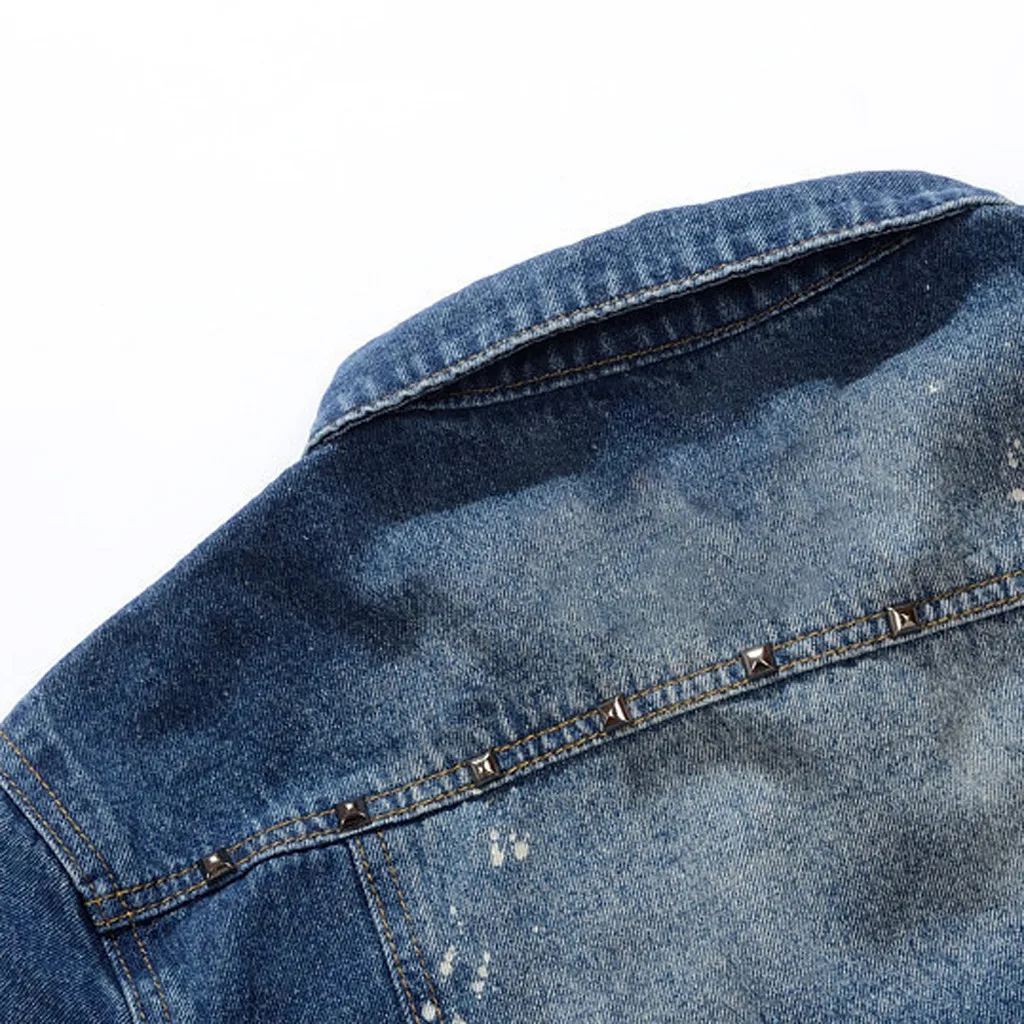 Приталенный мужской джинсовый, синие джинсы, пальто с длинными рукавами и дырками, Весенняя Повседневная Мужская Уличная ковбойская пуговица, винтажные куртки