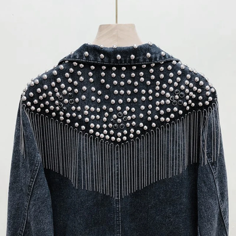Chaquetas Mujer Осенняя уличная одежда свободные синие джинсы куртка Для женщин ручной работы с шипами и заклепками тассель цепь Короткие джинсы куртка