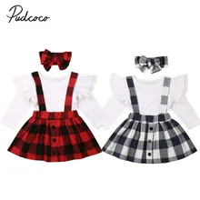 Коллекция года, весенне-осенняя одежда для малышей Одежда для маленьких девочек кружевной топ с длинными рукавами+ клетчатое платье с нагрудником+ повязка на голову, комплект одежды, 9 months to 5 years Old