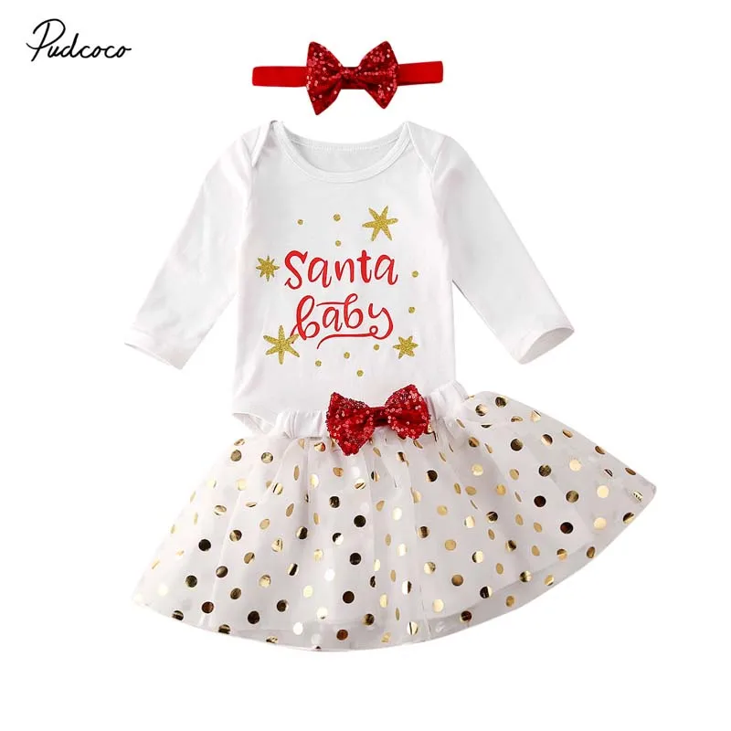 Коллекция года, брендовая Рождественская Одежда для новорожденных девочек комбинезон с длинными рукавами и надписью+ кружевная юбка-пачка в горошек комплект для малышей