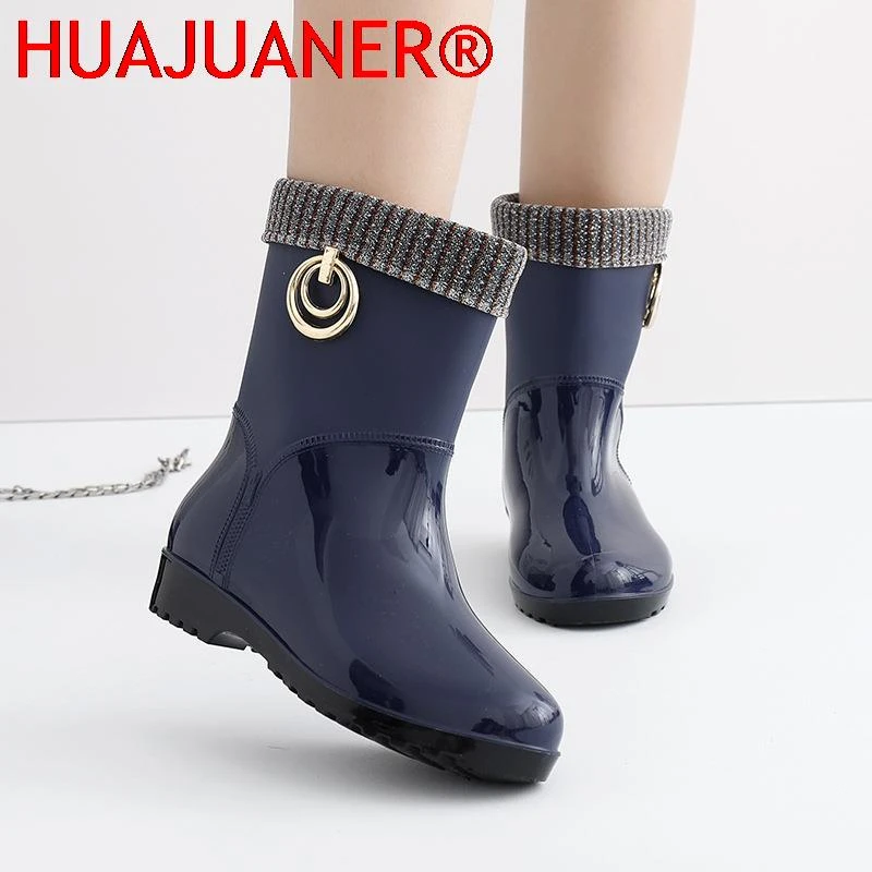 Botas de lluvia de goma para mujer, zapatos tacón alto impermeables a la moda, botines cortos de PVC, botas de piel antideslizantes| | AliExpress