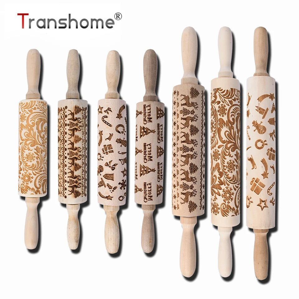 

Transhome Christmas Embossing Rolling Pin 35-43 cm Fondant Cake Dough Laser Engraved Roller Snowflake Baking Cookies Tools