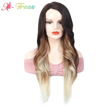 

Trendy Lace Part Wave Dark Roots Ombre Brown 26inch Long Wig for White Women X-TRESS Synthetic Heat Resistant Hair